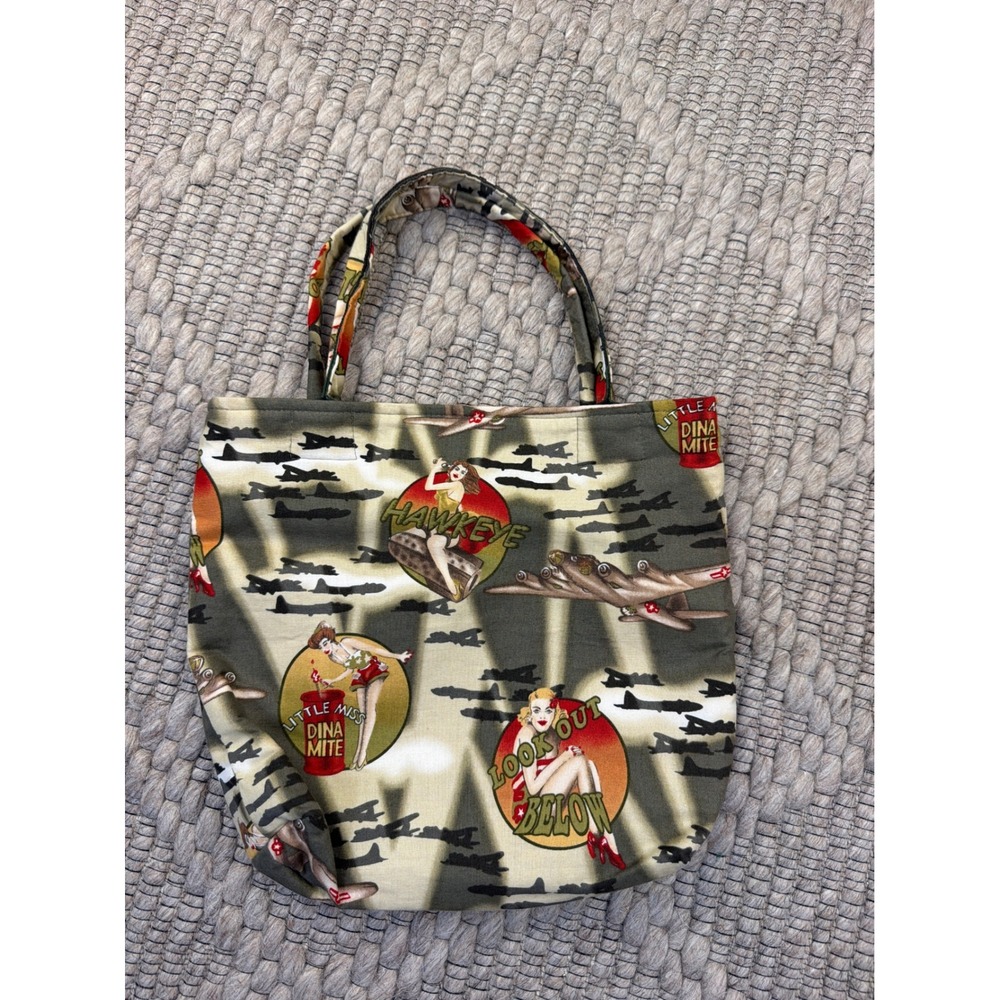 Topsy Turvy Tote Bag Women Small WWII Pinup Girl Bomber Nose Art Camo Lining